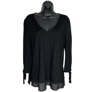 Sanctuary Top Womens Small Black Linen 3/4 Tie Sleeve Blouse Casual Sheer Trim